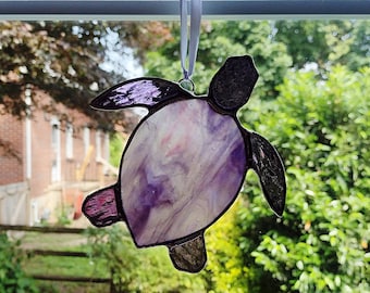 Stained Glass Turtle Suncatcher, Sea Turtle Ornament, Purple Glass Turtle, Beach Decor, Coastal Decor, Sea Creature, Turtle Art