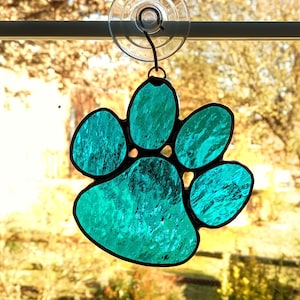 Stained Glass Paw Print Suncatcher, Pet Loss Gift, Blue Cathedral Art Glass, Dog Cat Memorial Gift