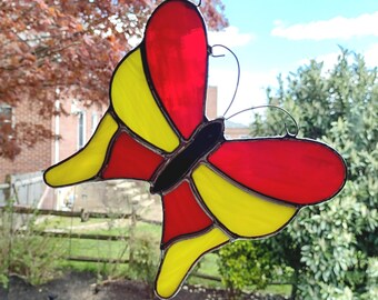 Stained Glass Butterfly Suncatcher, Red and Yellow Swallowtail Butterfly