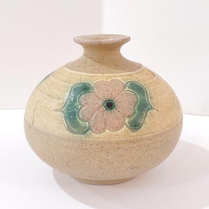 Vintage Studio Art Pottery Floral Ceramic Seed Pot Bud Vase, Pink and Green Flower Vase
