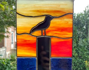 Sunset Sea Gull Stained Glass Suncatcher, Sunset Glass Art, Silhouette Bird on a Piling Picture, Beach Decor