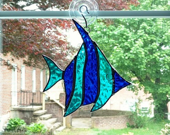 Stained Glass Fish Suncatcher, Angel Fish, Tropical Fish Ornament, Blue Glass Fish, Nautical Decor, Beach Decor, Coastal Decor, Sea Creature
