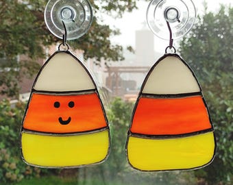 Stained Glass Candy Corn Suncatcher, Halloween Decoration, Happy Face or Plain Candy Corn Ornament