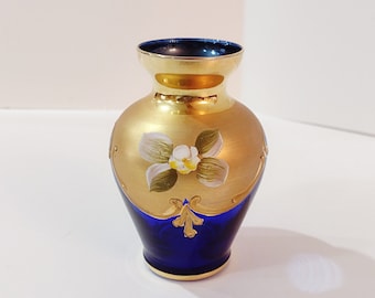 Vintage Bohemian Czech Cobalt Blue and Gold Hand Painted Small Vase