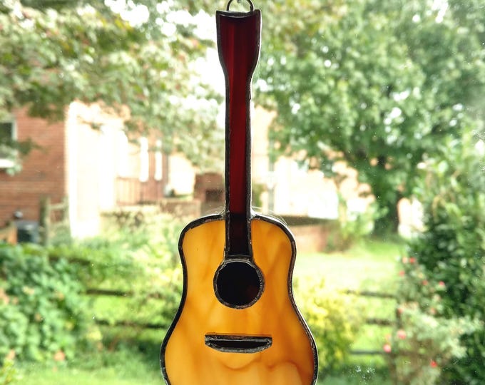 Stained Glass Guitar Suncatcher, Acoustic Guitar Tree Ornament, Music Lover Gift, Guitar Lover Gift, Musical Decoration, Rock Band Gift