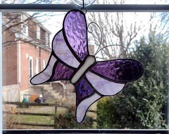 Stained Glass Butterfly Suncatcher, Purple Cathedral Art Glass Butterfly
