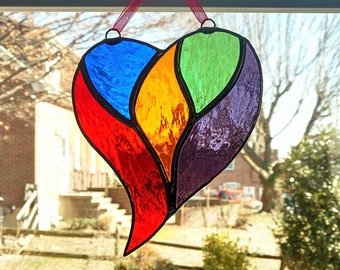 Rainbow Stained Glass Heart Suncatcher, Valentines Wedding Anniversary Gift, LGBT Love Gift