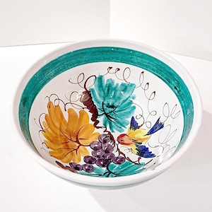 Vintage Hand Painted Italian Majolica Footed Ceramic Bowl with Bird, Grapes, and Floral Design, PV Peasant Village Italy Pottery