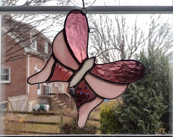 Stained Glass Butterfly Suncatcher, Pink Cathedral Art Glass Butterfly