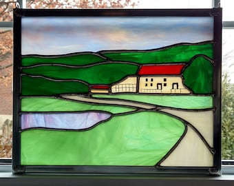 Stained Glass Landscape Window Panel, Springfield Manor Winery, Lavender Fields, Mountain Picture, Thurmont Maryland Art, Scenic Mountains