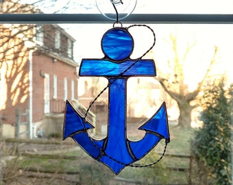 Anchor Stained Glass Suncatcher, Blue Anchor, Nautical Decor, Boater Gift, Boat Lover Gift, Beach Decor, Father's Day Gift, Coastal Decor
