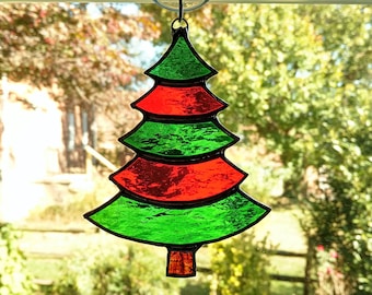 Stained Glass Christmas Tree Suncatcher, Red and Green Christmas Tree Ornament, Holiday Decor, Christmas Gift, Window Decor