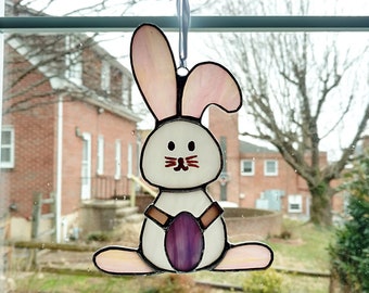 Stained Glass Easter Bunny Suncatcher, Pink Purple Swirl Art Glass, Spring Decor