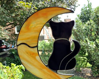 Stained Glass Orange Crescent Moon and Black Cat Suncatcher, Halloween Window Decoration