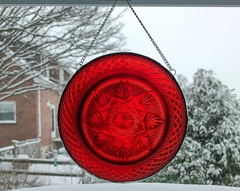 Vintage Ruby Red Cristal D'Arques Durand Plate  Window Hanging, Upcycled Art