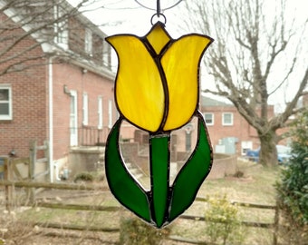 Stained Glass Tulip Suncatcher, Yellow Tulip, Flower Suncatcher, Teacher Gift, Yellow Flower, Tulip Ornament, Easter Decor, Spring Decor