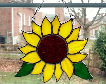 Stained Glass Sunflower Suncatcher, Yellow Flower, Garden Decor, Glass Flower, Sunflower Art, Mother's Day Gift, Sunflower Window Ornament