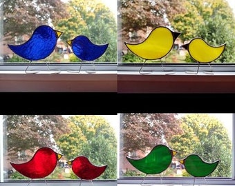 Momma and Baby Stained Glass Standing Bird Set, Blue Bird, Cardinal Red Bird, Yellow Chick Bird, Green Bird