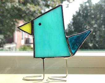 Stained Glass Standing Bird, Funky Blue Glass Bird Suncatcher, Bird Lover Gift, Windowsill Sitter