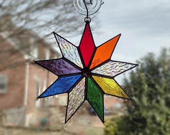 Stained Glass Rainbow Nine Pointed Star Suncatcher, Baha'i Spiritual Symbol