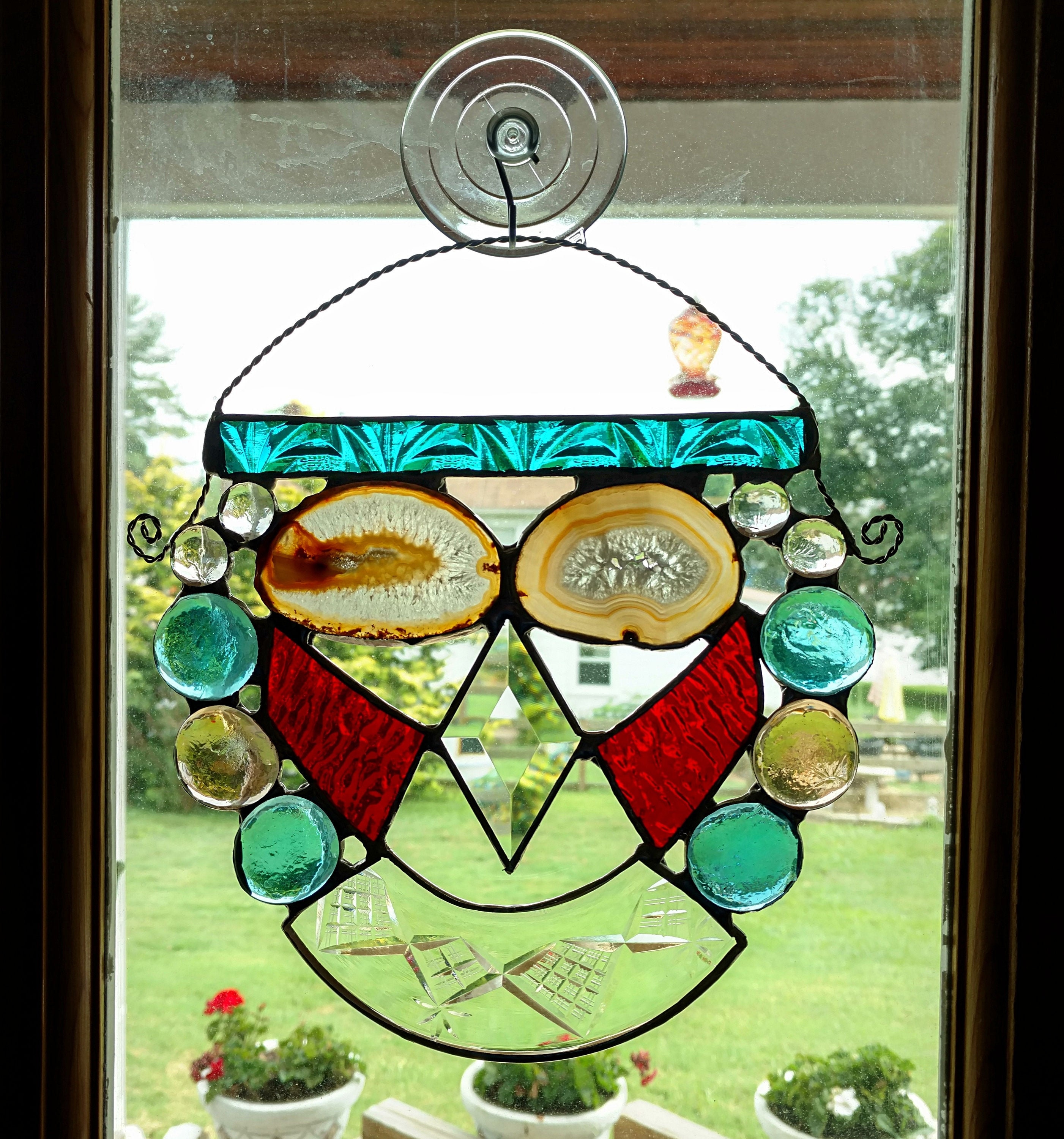 Abstract Primitive Stained Glass Suncatcher, Crystal Agate Geode, Sugar Skull, Mixed Media Owl, Modern Abstract Art, Primitive Art