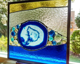 Stained Glass and Agate Geode Blue and Gold Abstract Window Panel Suncatcher