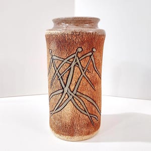 Primitive Ceramic Vase with Stick Figure People Design, Mitch Lyons Signed Three Figures Ceramic Vase, MCM Rustic Pottery