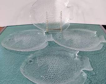 Vintage Arcoroc Poisson Clear Fish Shaped Dinner Plates, Set of Four