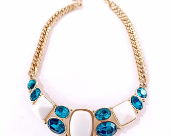 Vintage Yves Saint Laurent Crescent Moon Necklace, YSL Aqua Blue Jewel and White Resin Cabochons with Gold Tone Wheat Link Chain