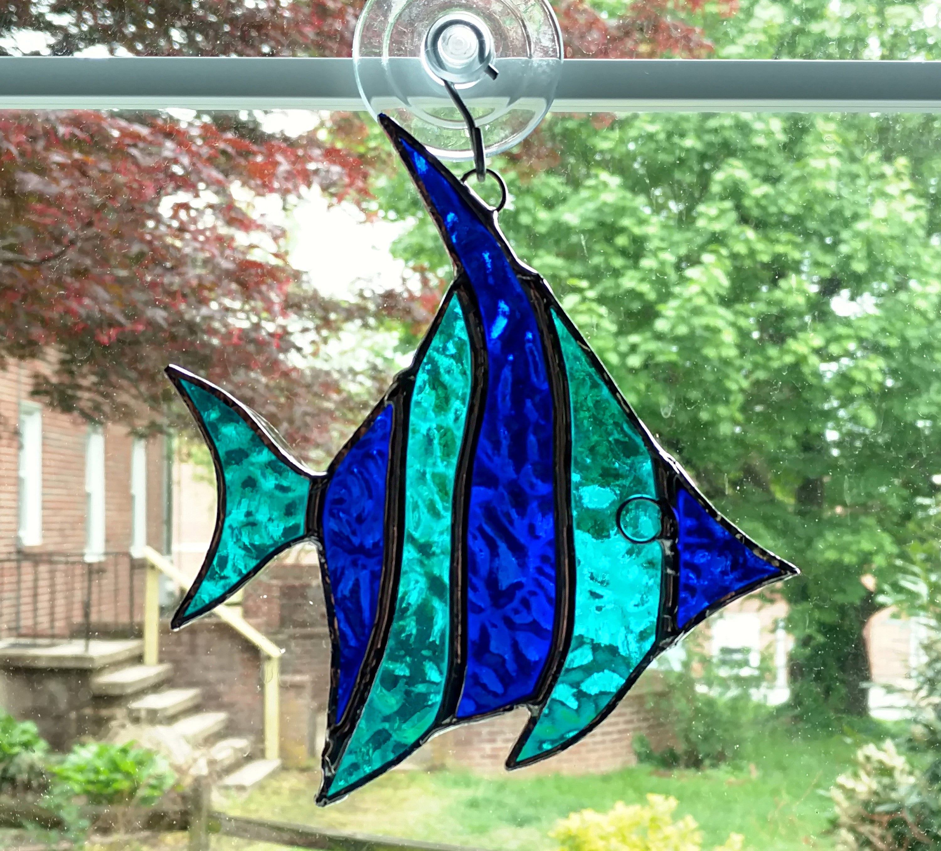 BLUE ANGEL FISH Ocean Nautical STAINED GLASS CRAFTED SUNCATCHER Ready To Hang 