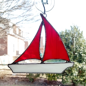 Stained Glass Sailboat, Nautical Decor, Sailboat Suncatcher, Coastal Art, Beach Decor, Red and White Boat Ornament, Sailor Gift