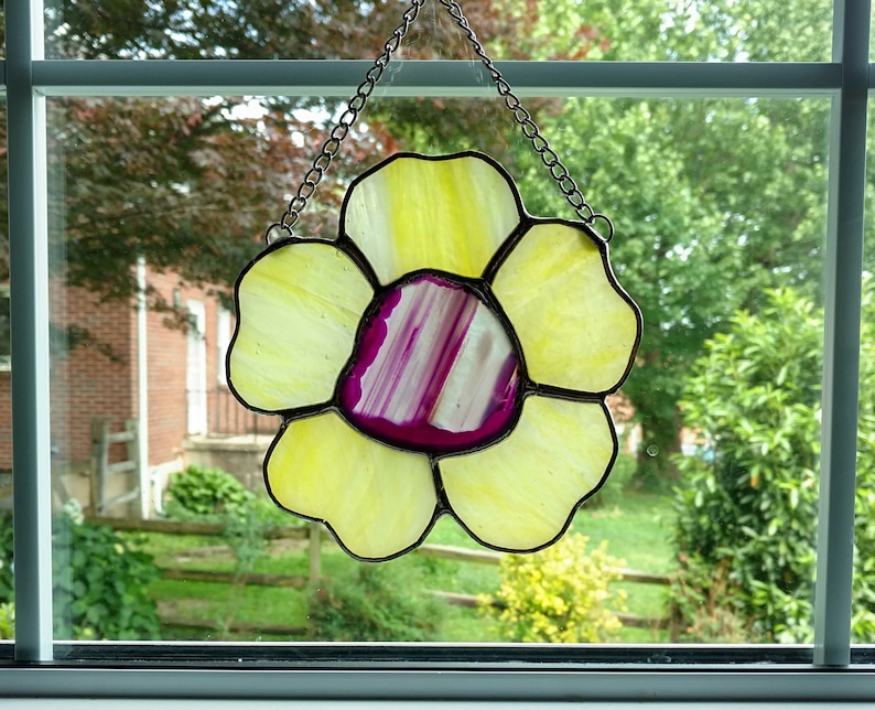 Pansy Stained Glass Flower Suncatcher Summer Decor Yellow and Purple Agate Geode Flower Gardener Gift Garden Decor Violet