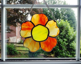 Stained Glass Flower Suncatcher, Red Orange Poppy, Nasturtium Flower, Garden Decoration, Floral Glass Art, Gardener Gift, Summer Decor