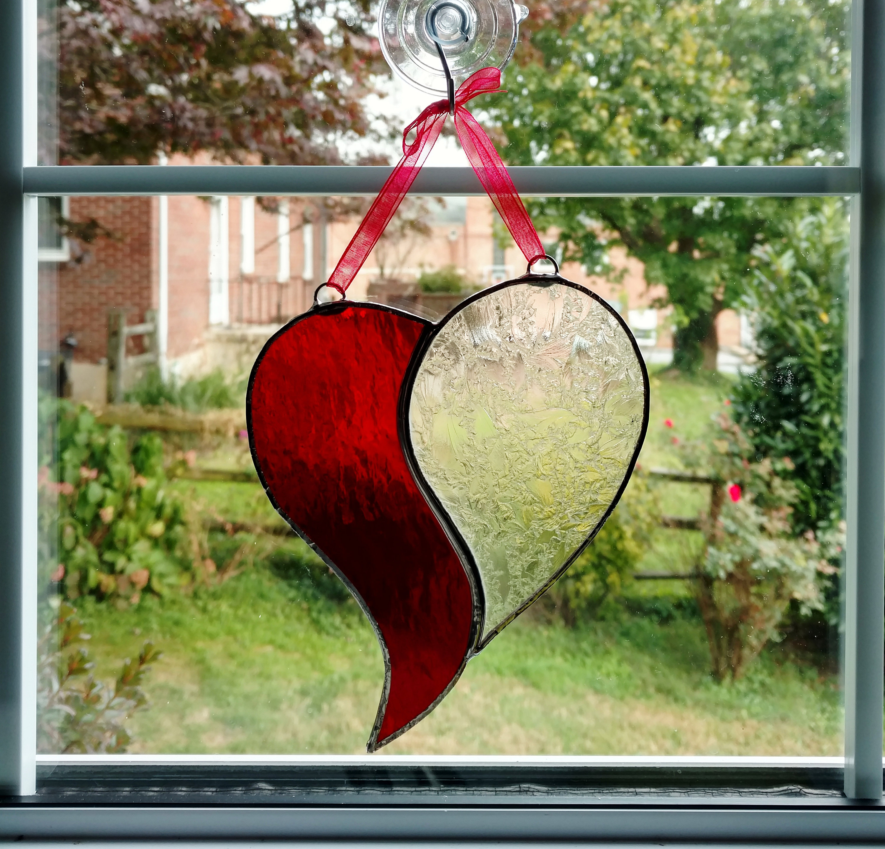 Heart Shaped Wreath. Fused Glass Ornament, Suncatcher. Red & Light