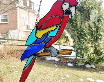 Stained Glass Parrot Suncatcher, Scarlet Macaw Glass Bird