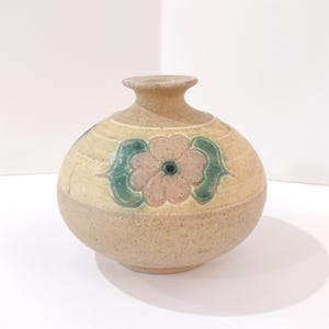 Vintage Studio Art Pottery Floral Ceramic Seed Pot Bud Vase, Pink and Green Flower Vase