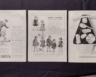 Set of Three Vintage Original 1929 Magazine Ads, Burberrys Skiing Ad, Marshall Snelgrove Dainty Clothes, BMC Silverware, Harwood Watches