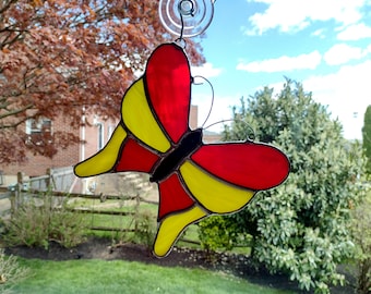 Stained Glass Butterfly Suncatcher, Red and Yellow Swallowtail Butterfly