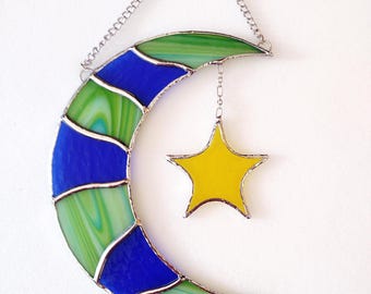 Moon and Star Stained Glass Suncatcher, Celestial Decor, Stained Glass Moon, Housewarming Gift