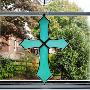 Stained Glass Cross Suncatcher, Blue Green Swirled Cross, Cross Ornament, Easter Gift, Religious Decor, Baptism Gift, Mothers Day Gift