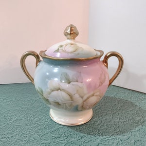 Antique Hand Painted Covered Sugar Bowl with Roses Design and Gold Trim, Bavaria Prince Regent Germany LDBCo, Vintage Sugar Bowl with Lid