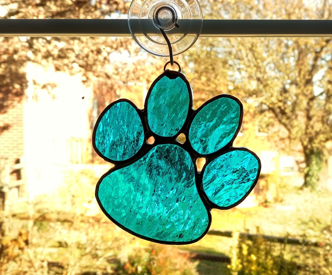 Stained Glass Paw Print Suncatcher, Blue Cathedral Art Glass , Pet Loss ...
