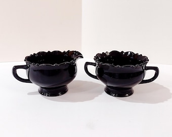 Vintage L.E. Smith Mt. Pleasant Black Amethyst Glass Footed Creamer and Open Sugar Bowl Set, Black Amethyst Depression Glass