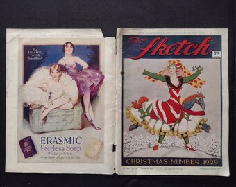 Set of Four Vintage Original 1929 the Sketch Christmas Magazine Pages, Cover and Back Page, The Sketch Christmas Map