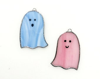 Ghost Stained Glass Suncatcher Set of Two, Pastel Halloween Decoration, Blue Ghost, Pink Ghost