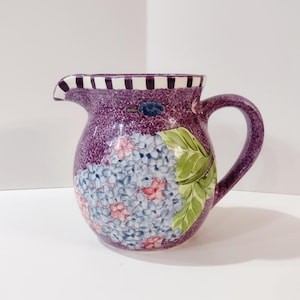 Vintage Laurie Gates Hydrangea Ceramic Purple Spongeware Pitcher, Floral Gates Ware Pottery
