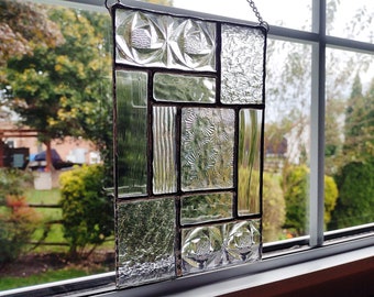 Clear Geometric Stained Glass Window Panel, Mondrian Stained Glass Suncatcher, Modern Art, Abstract Art, Window Decor