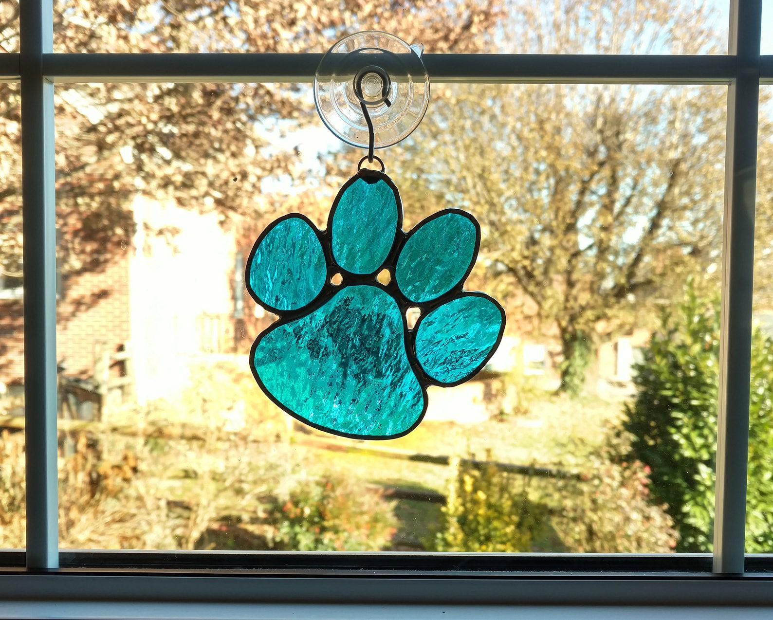 Stained Glass Paw Print Suncatcher, Blue Cathedral Art Glass , Pet Loss ...