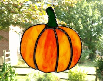 Stained Glass Pumpkin Suncatcher, Fall Suncatcher, Fall Decor, Autumn Decor, Thanksgiving Decor, Orange Glass, Halloween Decor