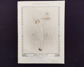 Vintage Original 1929 Phillys Vere Campbell Magazine Illustration, Bringing In The Plum=P Pudding, The Sketch